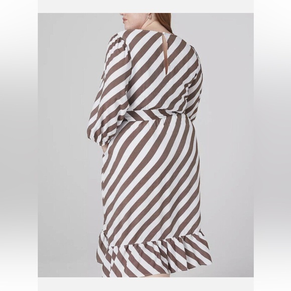 NEW**LANE BRYANT, POCKETS, LONG SLEEVE, LINED BROWN STRIP MIDI DRESS, - Picture 2 of 11